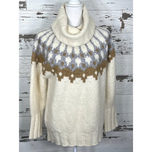 BANANA REPUBLIC Fair Isle Cowl Neck Alpaca Sweater Ivory/Brown Sz S NWT - Picture 1 of 7